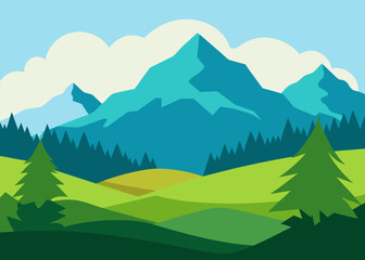 watercolor mountain meadow with trees background