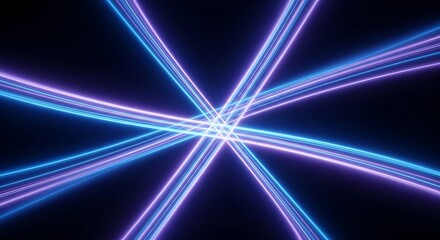 Abstract neon light trails forming a star pattern, futuristic technology background with glowing lines and geometric shapes, blue and purple color scheme