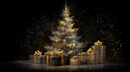 A photorealistic Christmas tree with gifts, where the tree itself is made of sparkling gold glitter particles. Abstract meets realism, magical effect, for transparent background.