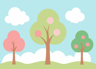 watercolor spring trees and clouds background illustration