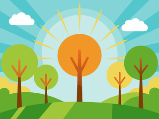 watercolor spring trees and shining sunlight background
