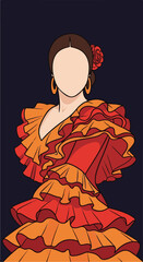 Fototapeta premium Vector Illustration of Flamenco Dancer in Ruffled Dress with Floral Accessory in Bright Colors Artistic Style