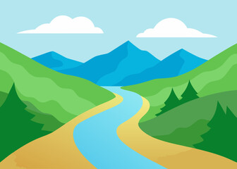 watercolor spring valley with river painting background