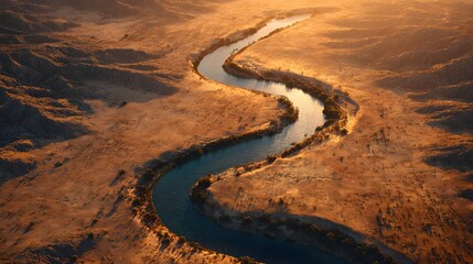 aerial view of a winding river path carving through deep terrain and lush green valleys revealing sweeping natural patterns and serene landscape design winding road in the mountains