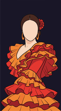 Vector Illustration of Flamenco Dancer in Ruffled Dress with Floral Accessory in Bright Colors Artistic Style