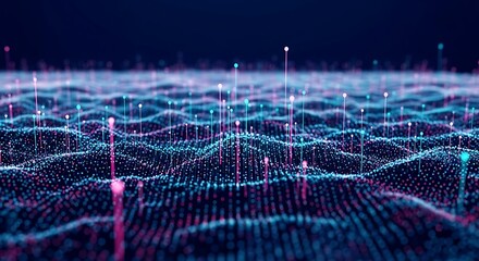 Abstract visualization of data points forming a landscape, representing information flow and connectivity with a soft, glowing aesthetic and dark background