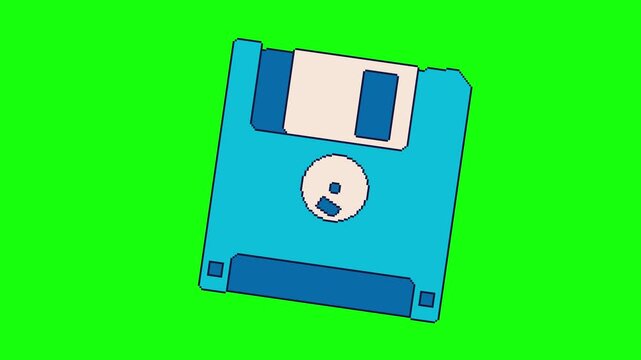 Blue pixel art floppy disk rocking animation on green screen