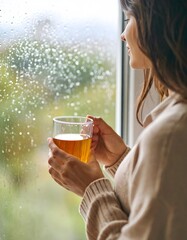 Woman Contemplates Rainy Day While Enjoying Warm Tea