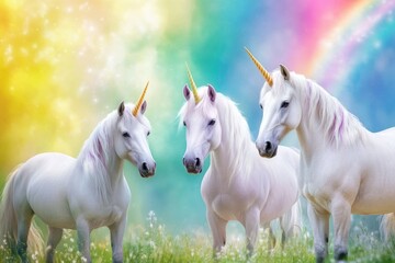 Obraz premium Majestic unicorn trio under a magical forest rainbow