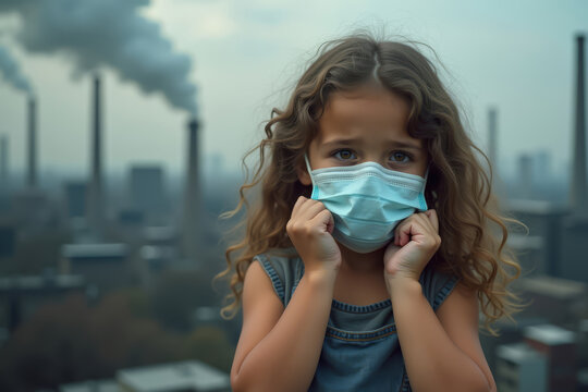 Young girl wearing protective mask standing near factory. Air pollution and industrial emissions concept. - Powered by Adobe