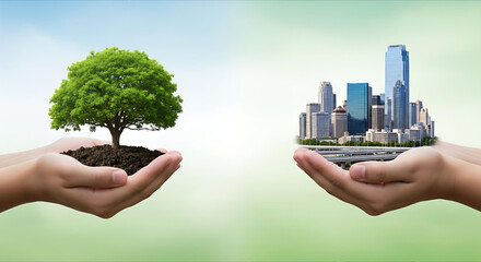 Hands holding a tree sapling and a city skyline, representing the balance between nature and urbanization