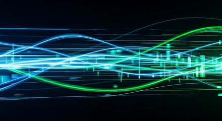 Dynamic abstract lines of blue and green energy flow across a dark background, representing data streams and technological advancement with light
