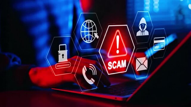 Digital Scam Alert: A person uses a laptop highlighting the digital threats. The scene is an alert and warnings about online fraud, computer security, and data breaches.