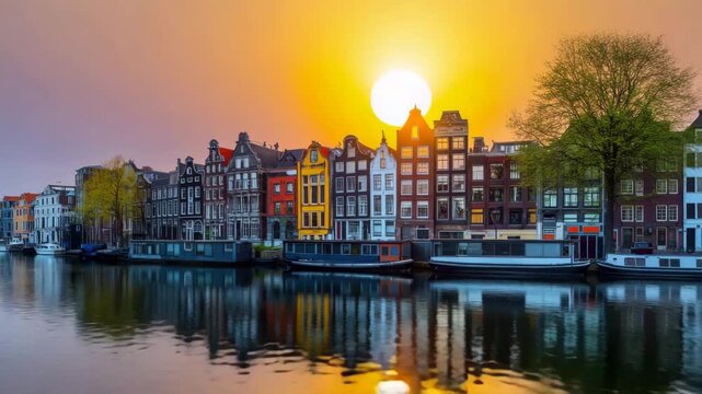 Sunset Over Amsterdam Canal and Houses