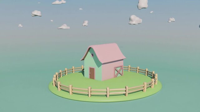 Petite maison pastel 3D entour&eacute;e d&rsquo;une cl&ocirc;ture ronde dans d&eacute;cor doux