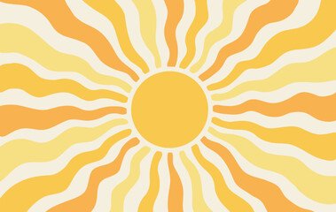 Sun groovy background, summer retro radial burst, yellow graphic wavy. Sun burst sunshine. Abstract trendy sunshine poster. Cartoon light beam print. vector illustration