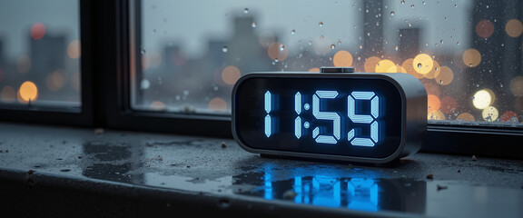 Digital alarm clock displaying 11:59 on windowsill with raindrops  