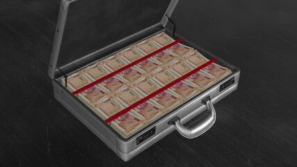 Close-up zoom into a metal briefcase filled with neat stacks of 200 Indian rupee banknotes, symbolizing cash security and business finance.