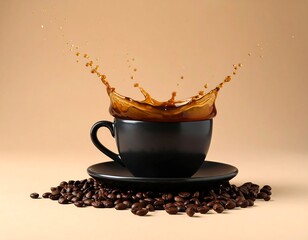 Dynamic shot of coffee splashing from a black cup on a beige background
