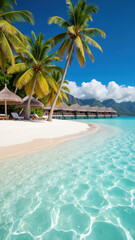 Naklejka premium Tropical beach scene featuring palm trees, clear turquoise water, and serene atmosphere. sandy shore invites relaxation and tranquility