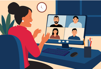 employee teleworking from home office online videocall with coworkers discussing company project