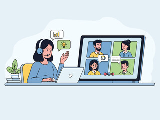 employee teleworking from home office online videocall with coworkers discussing company project