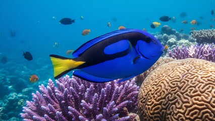AI Generated 4K Image of Blue Tang Fish Swimming Over Coral Reef