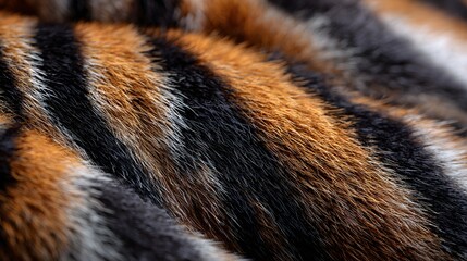 Detailed  showcases the natural texture and pattern of animal fur, revealing a striking combination of black, orange, and brown stripes and streaks creating a warm, inviting, and tactile visual...