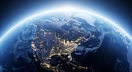 Spectacular view of planet earth with glowing city lights at night, showcasing north america from space with a breathtaking and cinematic perspective
