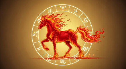 Aries zodiac sign with a fiery horse in the center, symbolizing passion, energy, and the astrological sign