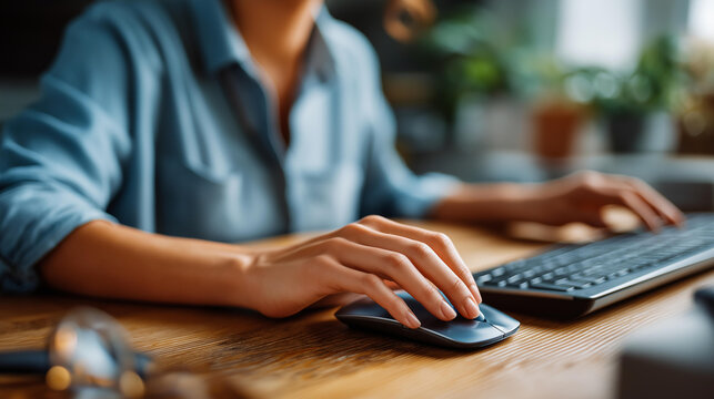 Hands using wireless mouse and keyboard on desk faceless wireless work mouse and keyboard office peripherals professional setup desk devices wireless hands computing closeup