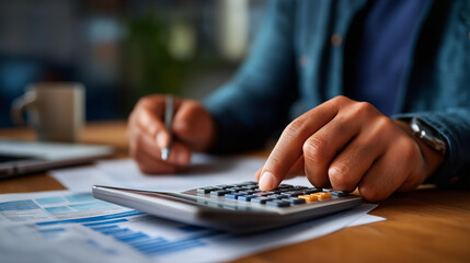 Hands using calculator with financial documents on desk faceless calculation calculator hands accounting closeup financial calculation business math office calculator