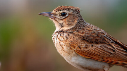 Fototapeta premium Close up of a eurasian skylark perched with a blurred background showcasing its plumage details