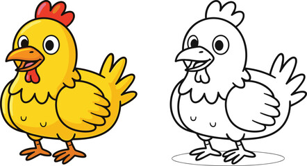 Cartoon chicken character illustration set, colorful and outline versions with smiling face and extended wings, farm theme, vector clipart, design asset
