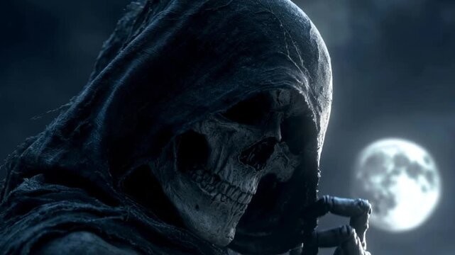 The video features a creepy image of death with a hooded skull against a night sky with a full moon.