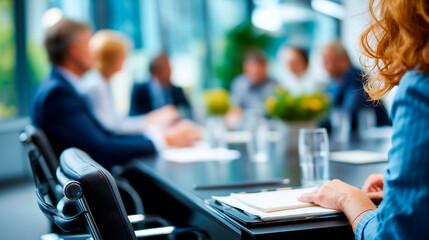 Fototapeta premium Defocused business meeting room with blurred people in background meeting blur conference room defocused abstract meeting blurred collaboration office meeting background