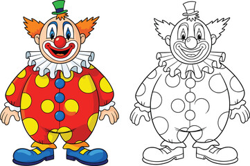 Cartoon clown character illustration set, colorful and outline versions with hat, polka-dot outfit, and smile, circus theme, vector clipart, design asset