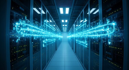Data center server room with glowing fiber optic cables, showcasing the backbone of modern technology and the flow of information in the digital age