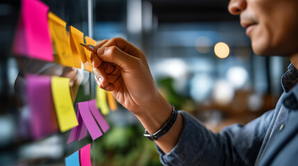 Hands placing sticky notes on glass board or wall faceless brainstorming sticky notes hands office planning idea board professional brainstorm office notes planning hands