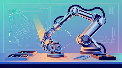 Naklejka premium Robotic Arm Assembling Components in Modern Industrial Workspace