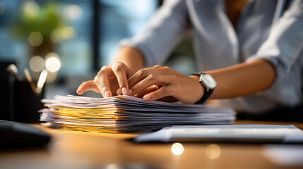 Hands arranging papers in organized stacks on desk faceless organizing paper stacking desk organization hands document sorting office filing professional organizing