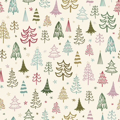 Cute hand drawn doodle trees, lovely christmas seamless pattern, illustrated background, great for wrapping paper, textiles, wallpapers, packaging - vector