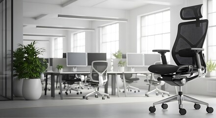 Ergonomic office chair in a bright, modern office setting, designed for optimal comfort and support, promoting a healthy and productive work environment