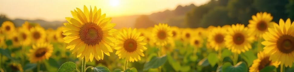 Obraz premium Vibrant sunflowers bask in the golden sunlight, their petals reaching towards the sky in a field of lush green A picturesque scene of summer growth and abundant nature , stem, joyful