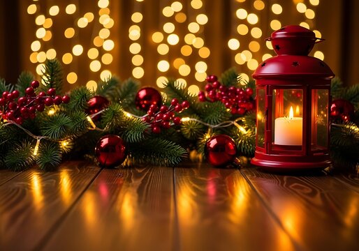 Festive Christmas decoration with a red lantern, fir garland, and warm bokeh lights on a wooden table. - Powered by Adobe