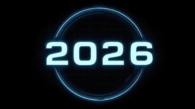 Futuristic Digital Clock Displaying the Year 2026 in Neon Blue on a Dark Background with a Circular Frame and High-Tech Aesthetic Elements