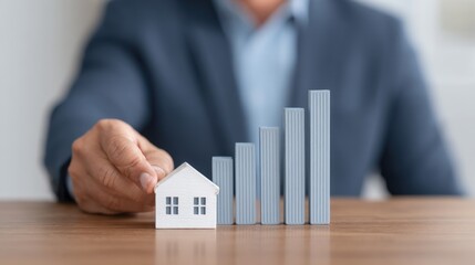 Hand of Businessman Holding Model House Near Rising Graph Bars Representing Real Estate Growth, Investment Success, and Market Trends in an Office Environment