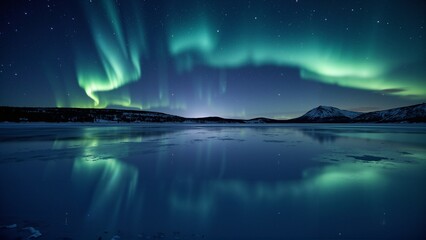 Northern lights aurora borealis over frozen lake and mountain under starry night sky, stunning arctic winter landscape reflection