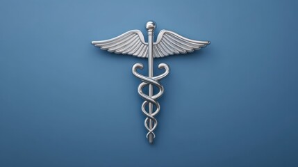 Silver caduceus symbol against a blue background representing medical care, healthcare services, and professional medicine with a sleek modern design