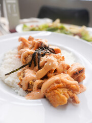 A plate of homemade Japanese Chicken Karaage served with Mentai sauce and white rice